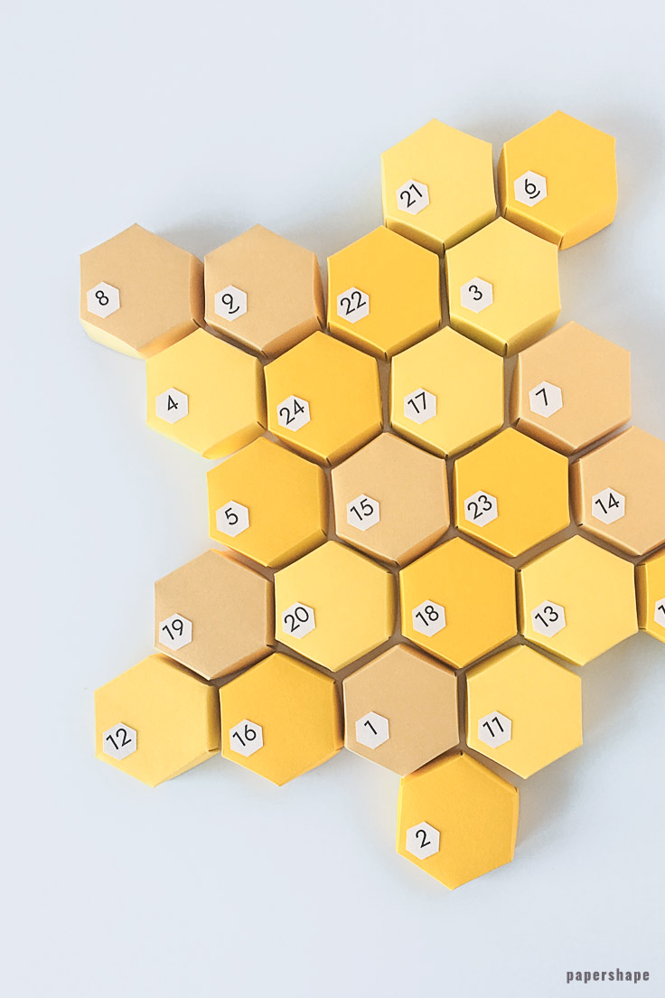 DIY Adventskalender basteln aus Papier als 3D Bienenwaben für eure fleißigen Bienchen #papershape #bastelnmitpapier #adventskalenderbasteln