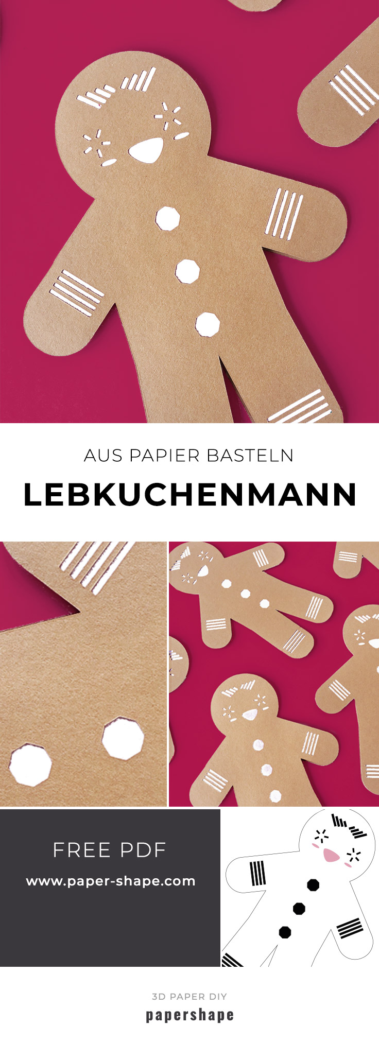 Lebkuchenmann aus Papier basteln zu Weihnachten als Geschenkeanhänger, Girlande oder Weihnachtsdeko #papershape