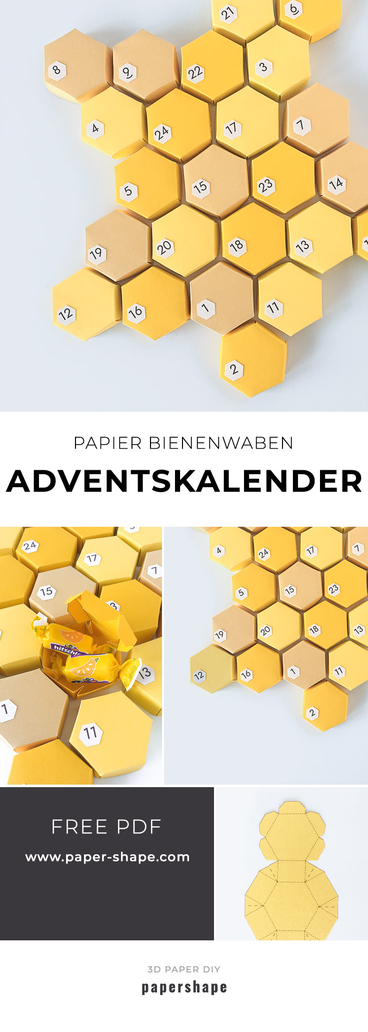 3D Honigwaben Adventskalender für fleißige Bienchen ohne Kleben - Papershape
