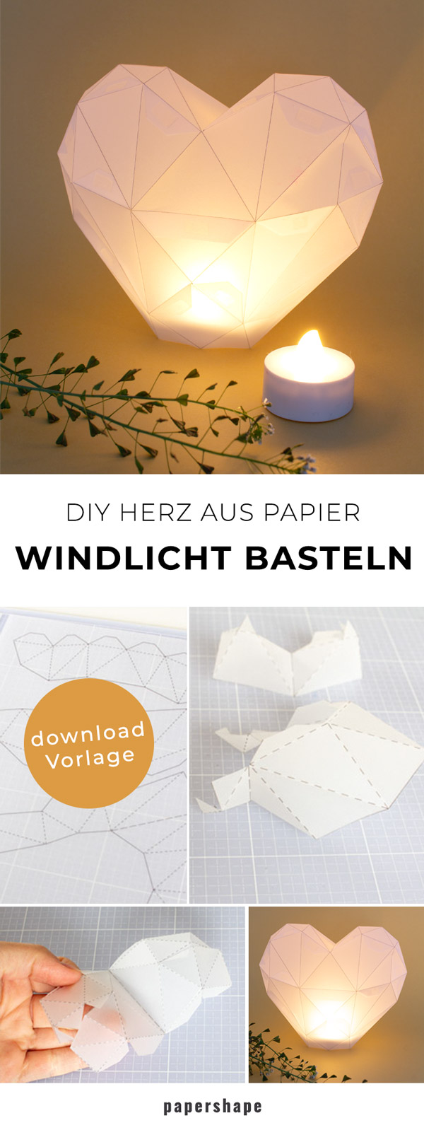DIY Windlicht basteln als Herz aus Transparentpapier für die Hochzeit, zum Muttertag oder als Dekoration #papercraft #diy #bastelnmitpapier #windlicht #papershape