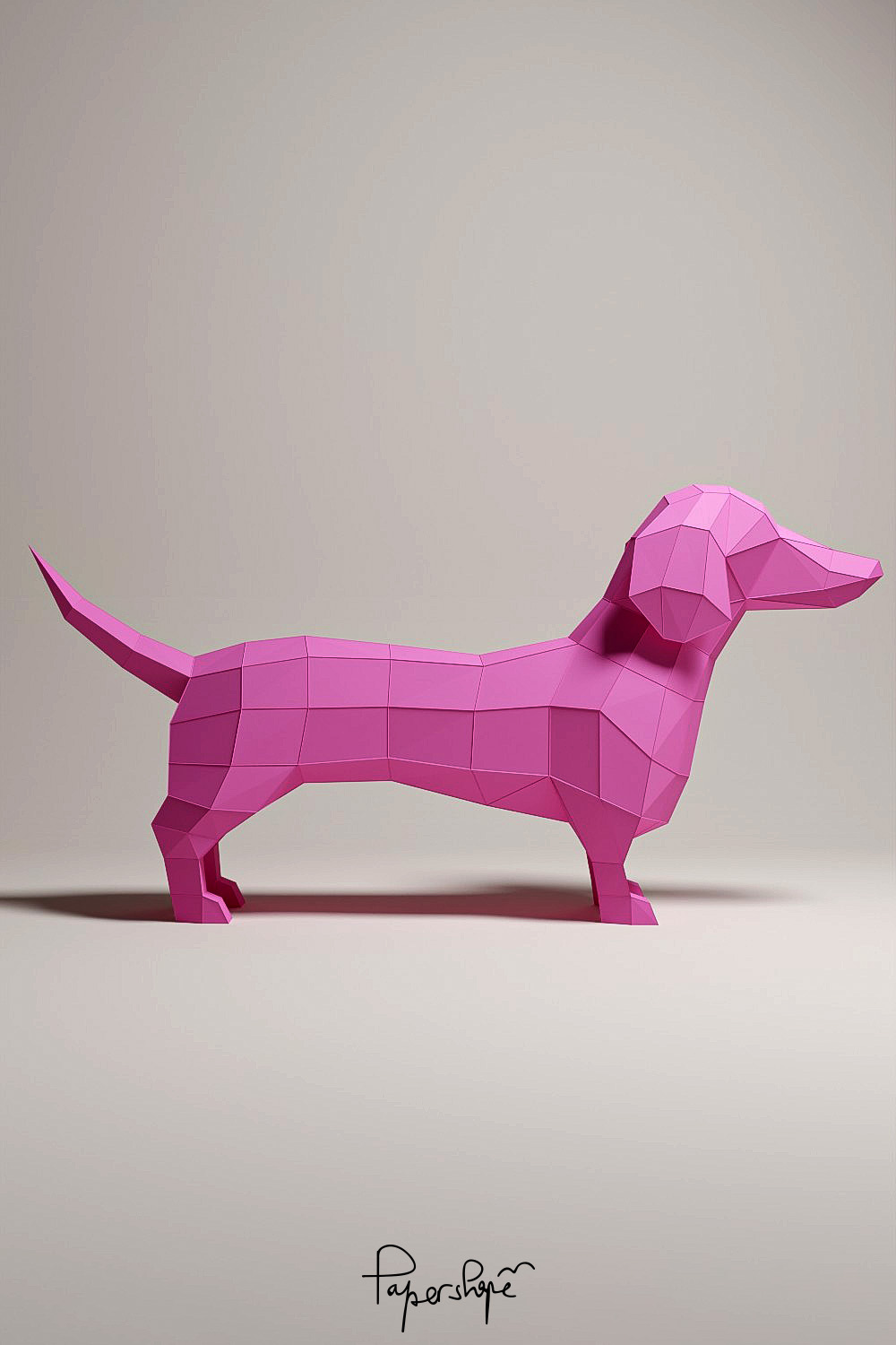 3D Papierkunst Dackel aus pinkem Papier, im rechten Seitenprofil dargestellt, auf hellem Untergrund mit weichem Schatten.