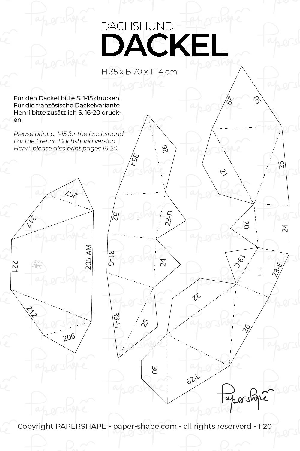 Vorschau des Bastelbogens mit nummerierten Einzelteilen für das Papiermodell Dackel.