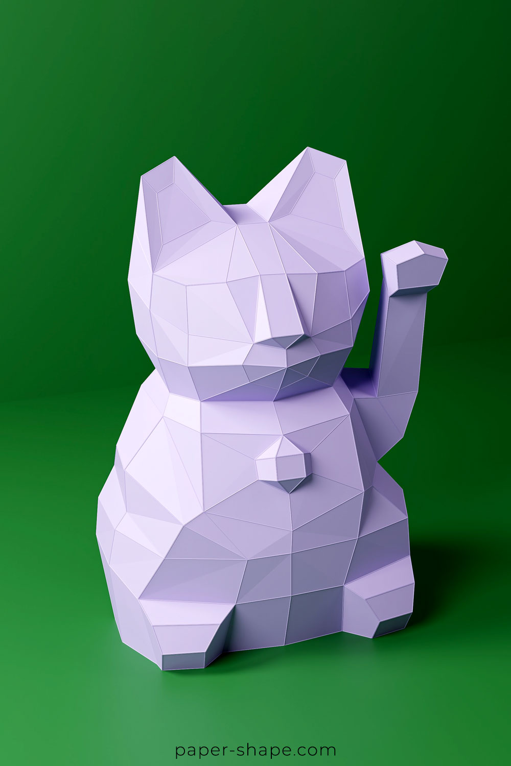 Papier Winkekatze in low poly in helllila vor grüner Wand