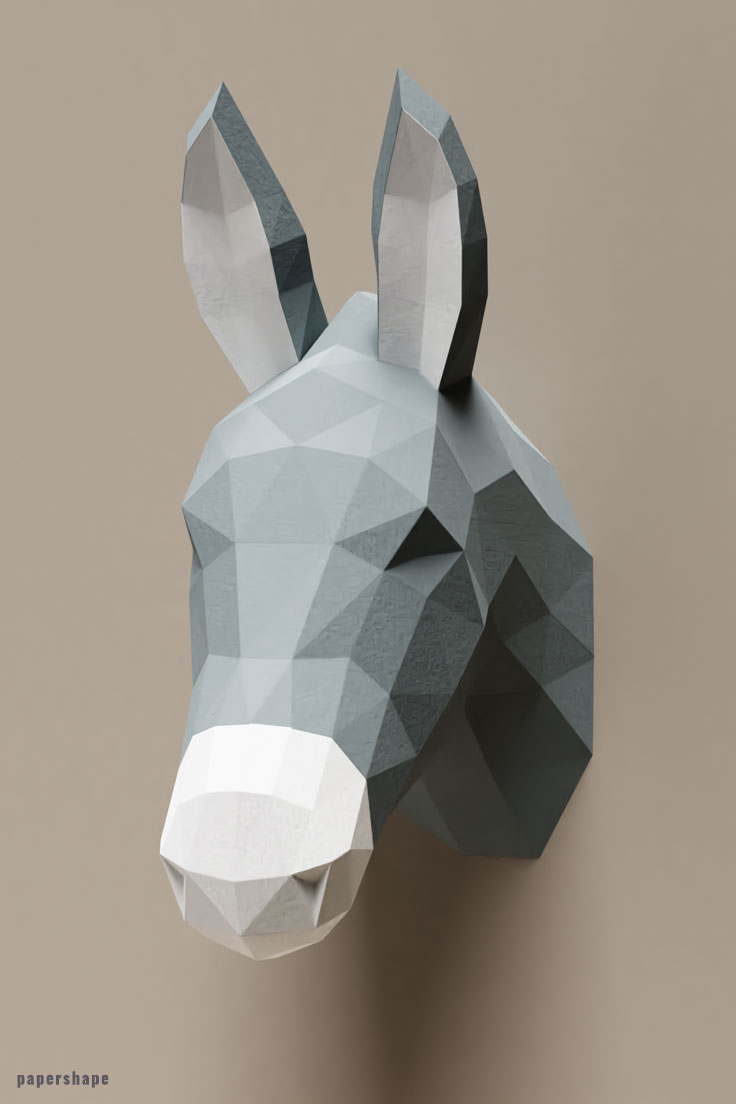DIY Wandtrophäe Esel aus Papier - Vorlage downloaden #origami #wanddeko #bastelnmitpapier #papershape