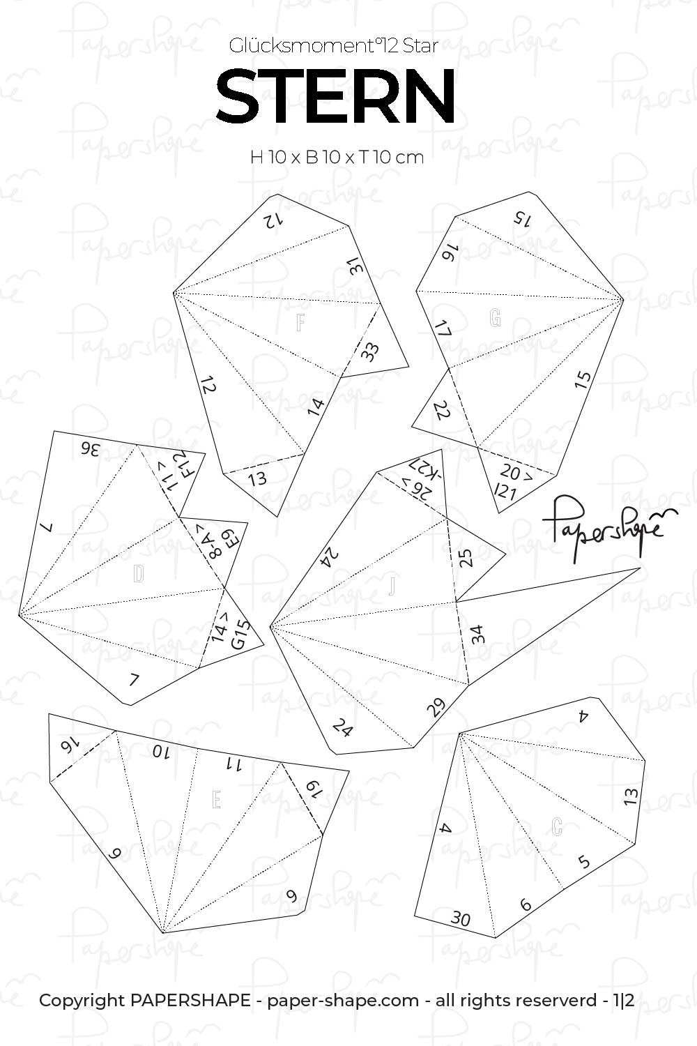 Bastelvorlage zum Ausdrucken vom Papierstern Glücksmoment mit 12 Zacken als Voransicht für Kunden