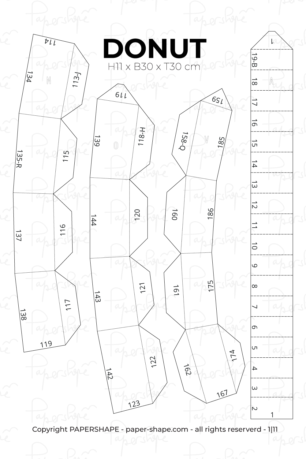 Vorschau des Bastelbogens mit nummerierten Einzelteilen für den 3D-Papier-Donut.